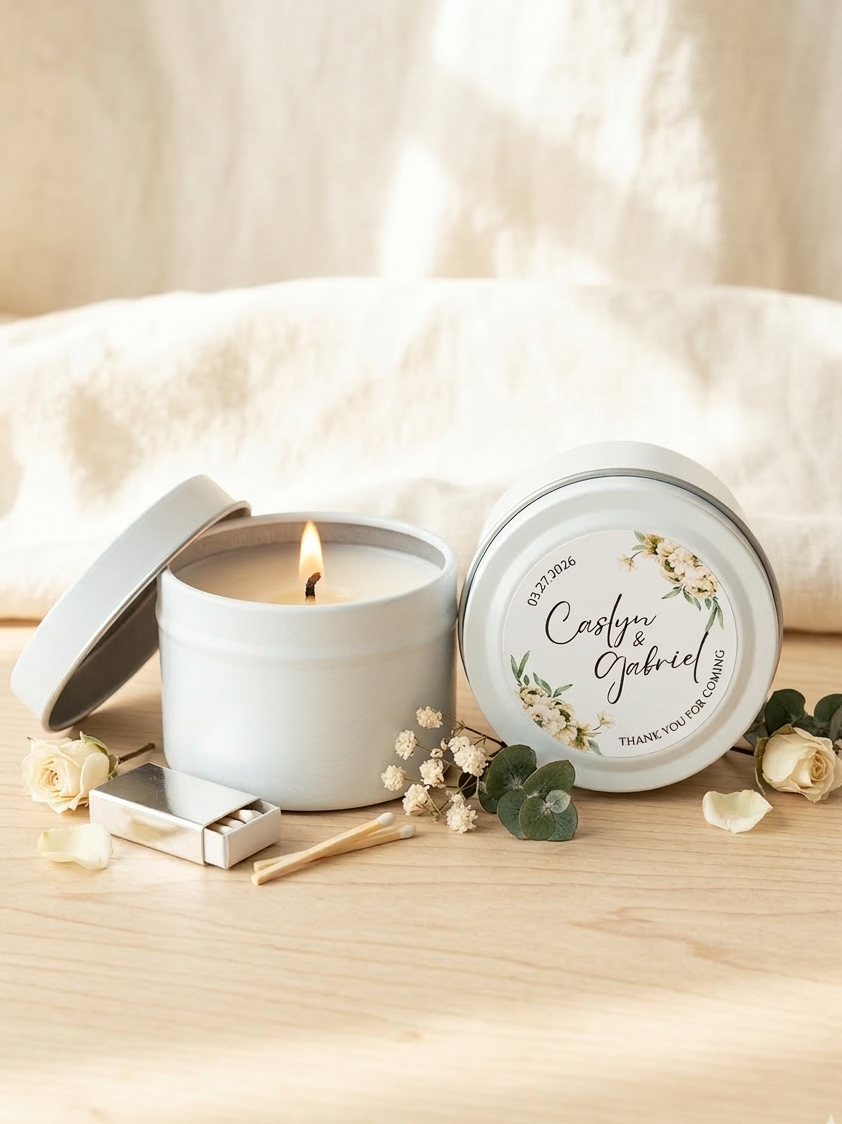 White candle in a tin with a decorative label on a wooden surface